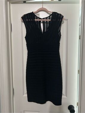 Adrianna Papell Black Sheath Midi Dress with Pleated Bodice